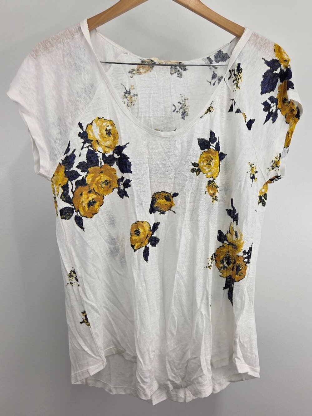 Lucky Brand Women's Large Floral Linen Blend Top White Short Sleeve Blouse NWT